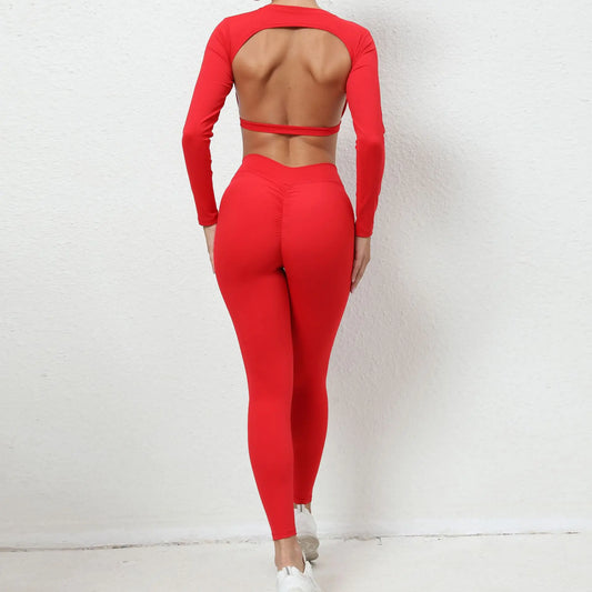 2PCS Yoga Suit Sports Set Women Clothes Gym Set Women Tracksuit Running Workout Hollow Out Long Sleeve Sports Top Yoga Clothing